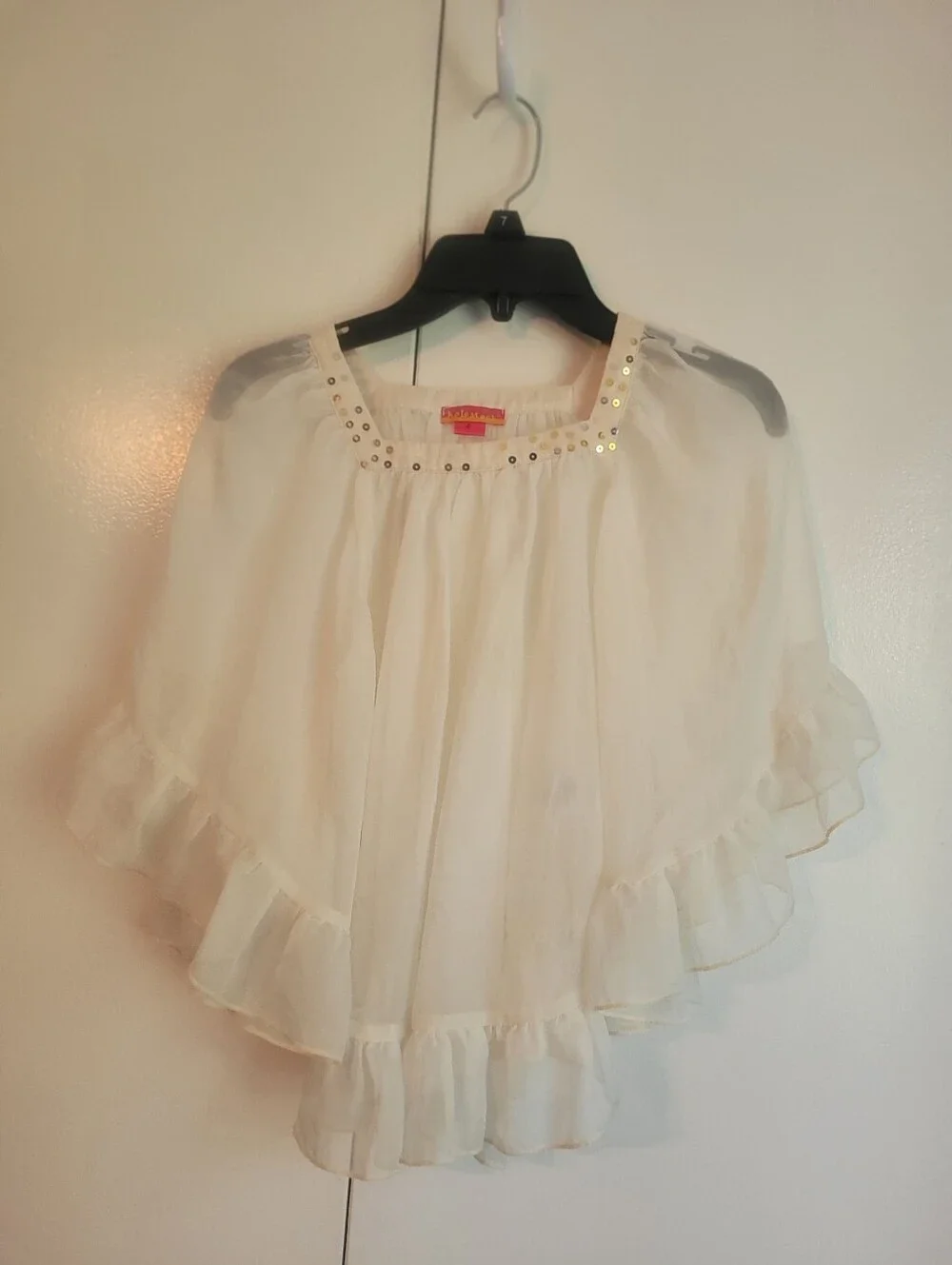 Sheer Light Cream Ruffled Chiffon Top with Embellished Neckline Poncho